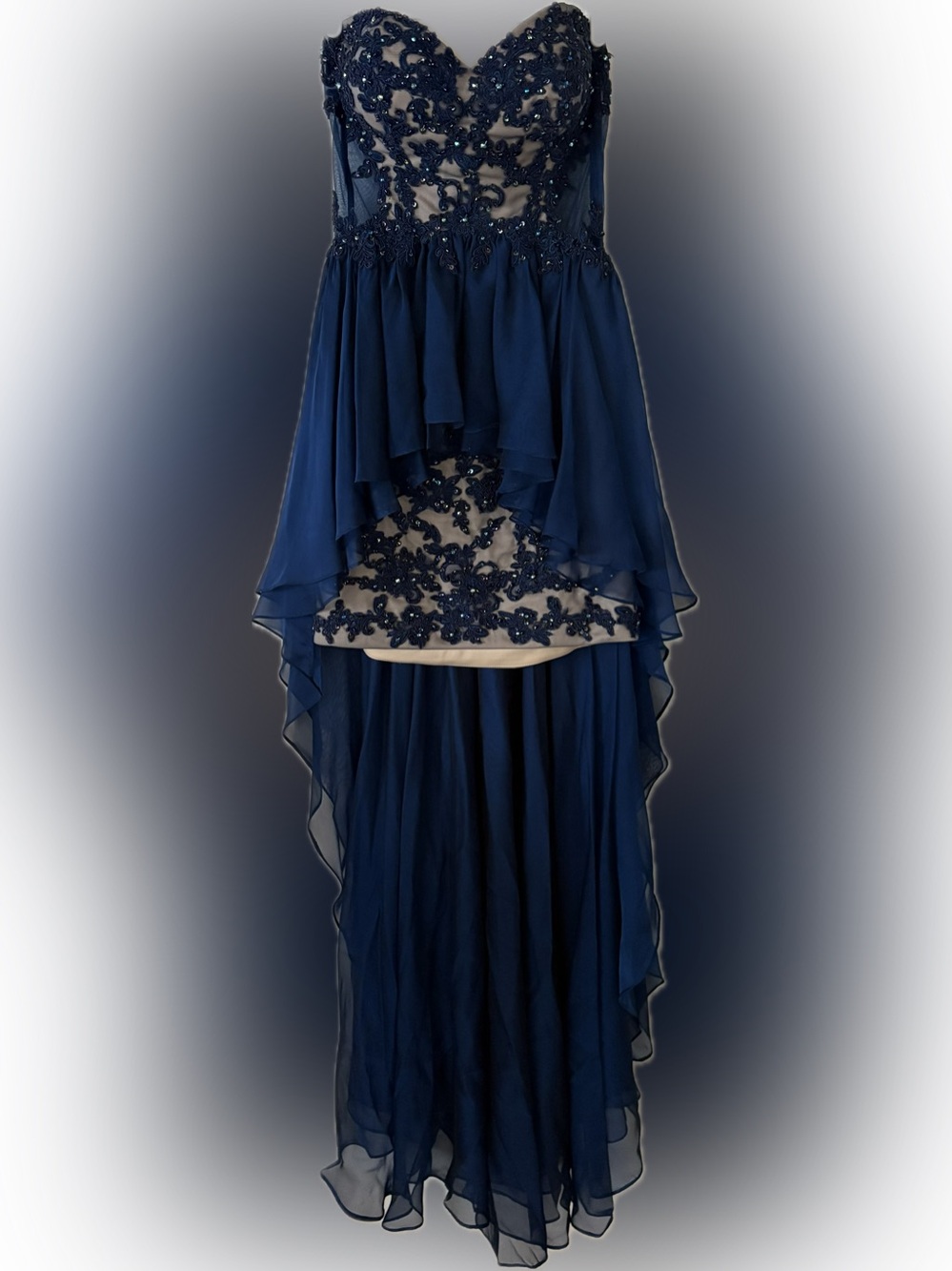 La Femme Navy Blue Gown Prom Homecoming Mini Dress With Long Trail Size 4